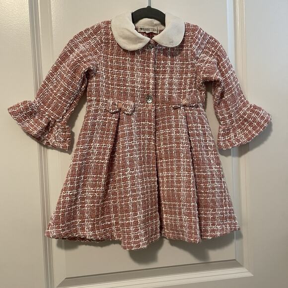 Nannette Baby Girl Tweed Dress Coat Size 24 Months Pink White Long Sleeve Preppy - Picture 2 of 8